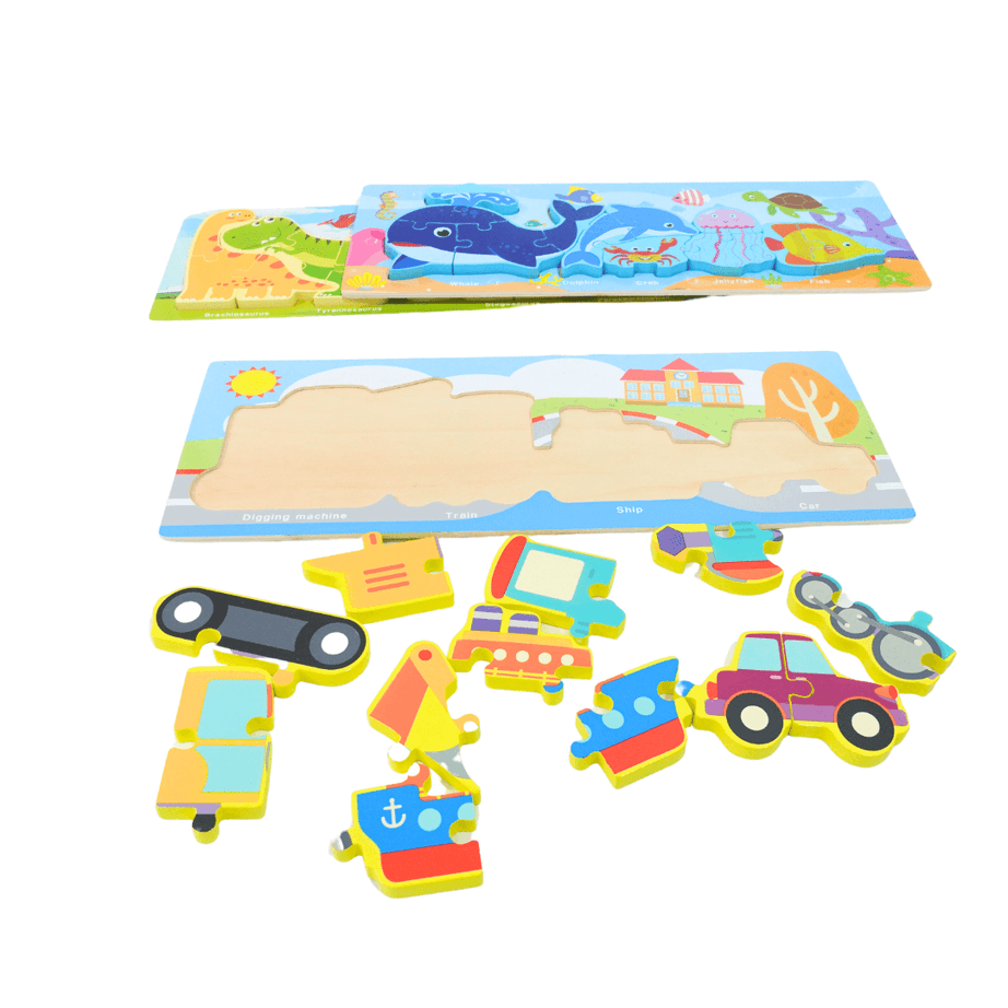 1 Wooden Vehicles/ Animals/ Dino Puzzles with Names (Random design will be send) - Kids Bestie