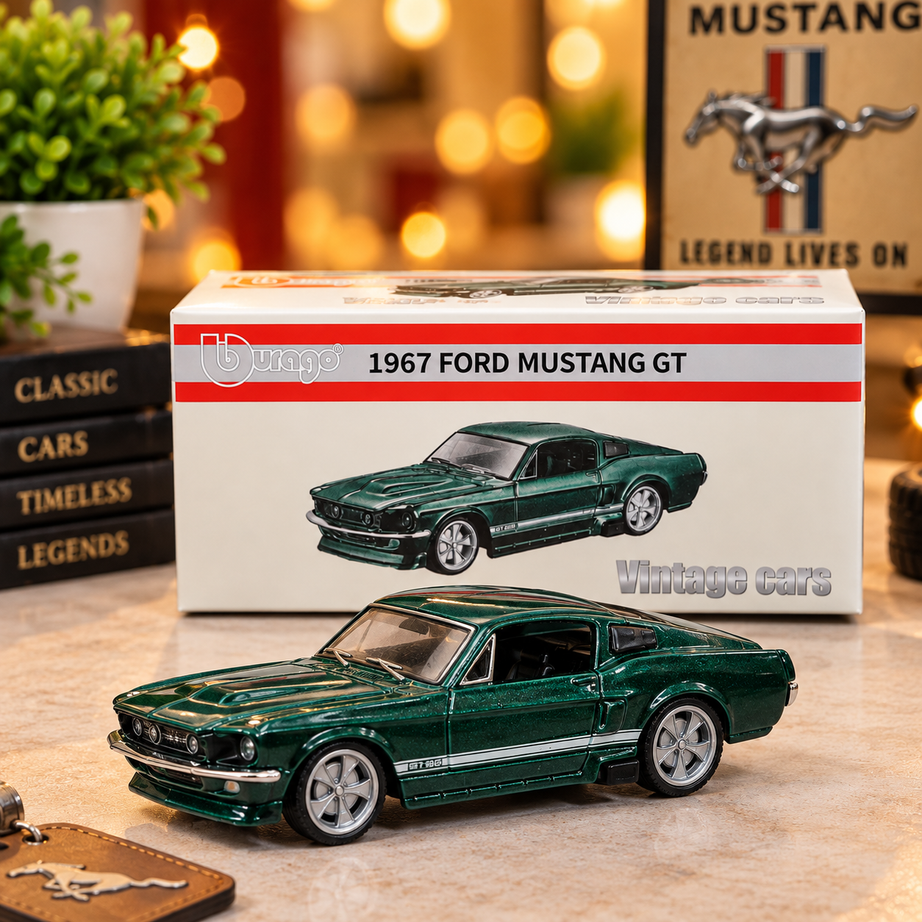 Bburago 1967 Ford Mustang GT Vintage Die-Cast Model Car – Classic Collectible with Detailed Interior