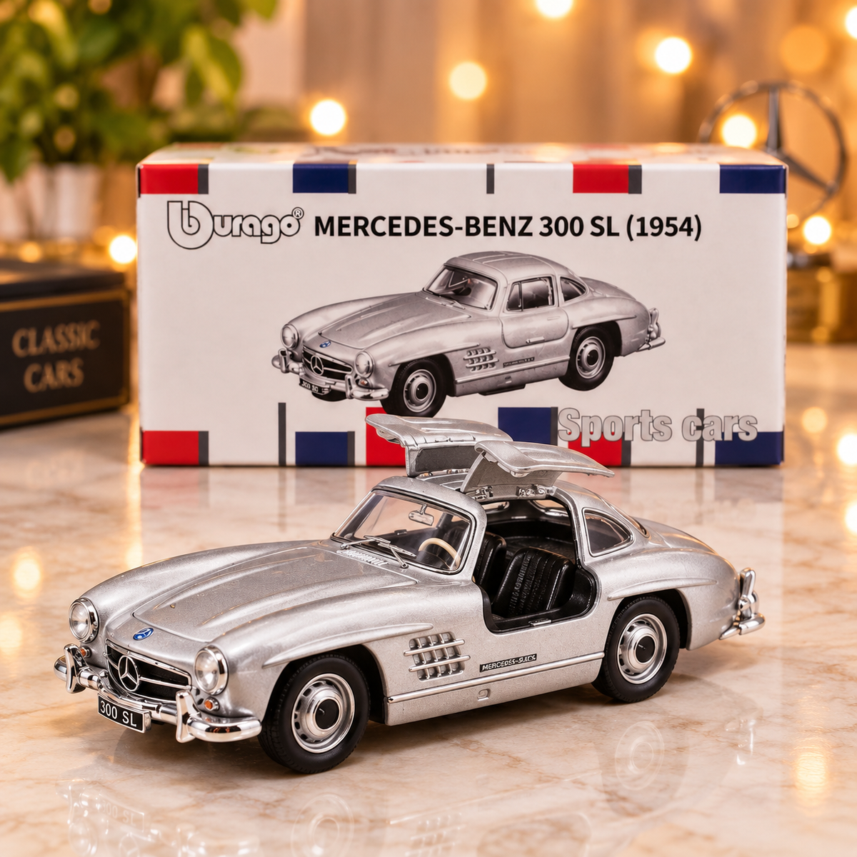 Bburago Mercedes-Benz 300 SL (1954) Classic Die-Cast Model Car – Silver Collectible Sports Car