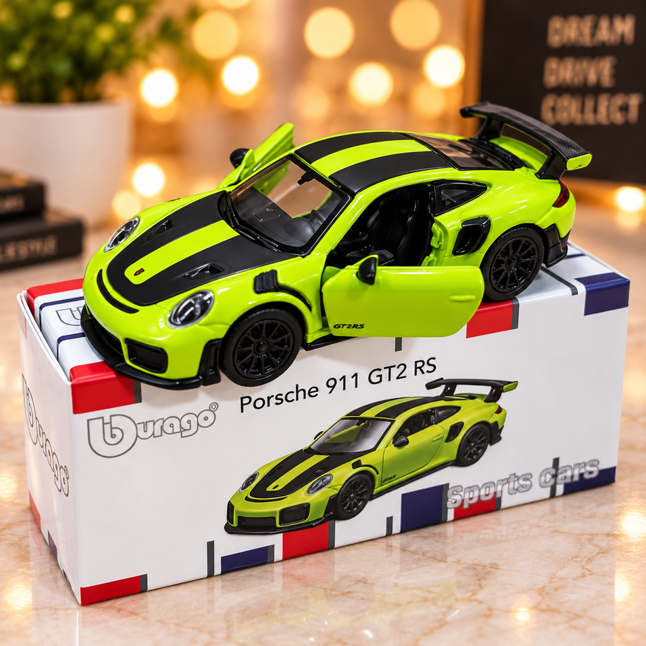 Bburago Porsche 911 GT2 RS Die-Cast Sports Car – Green with Black Racing Stripes | Collectible Model Car