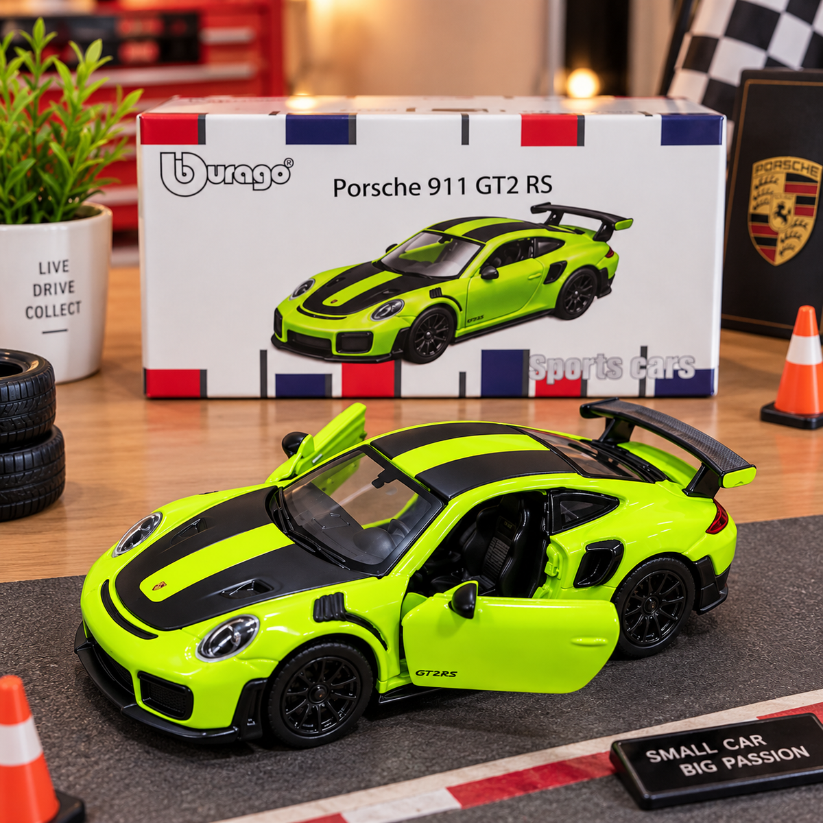 Bburago Porsche 911 GT2 RS Die-Cast Sports Car – Green with Black Racing Stripes | Collectible Model Car