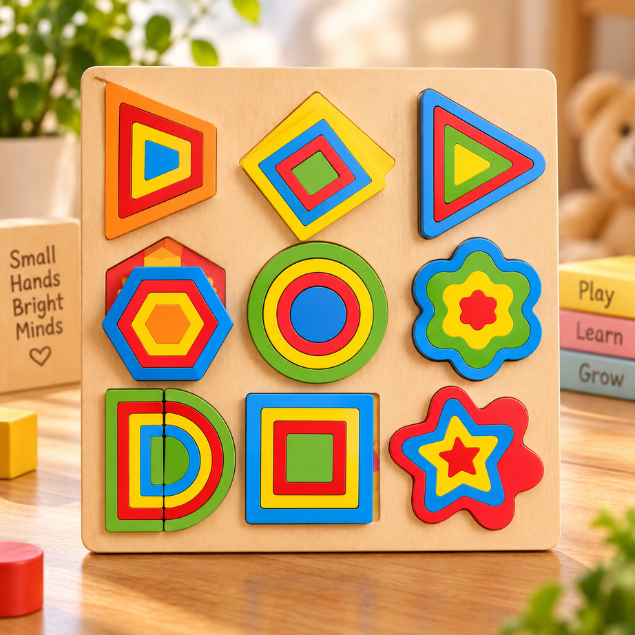 Colorful Wooden Geometric Shape Puzzle & Pattern Building Board for Kids – Early Learning Montessori Educational Toy
