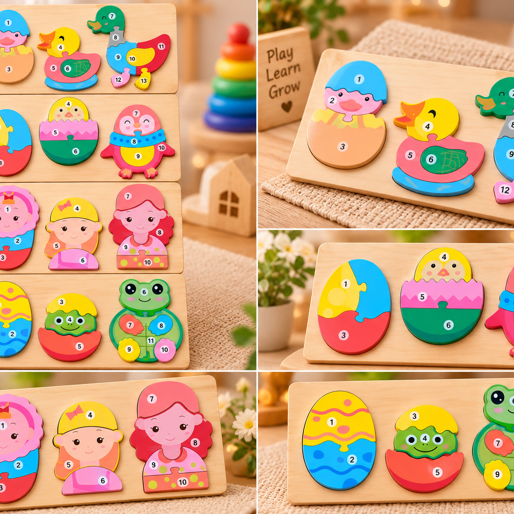 Wooden Number Learning Puzzle Board Set for Kids – Colourful Animals, Birds & Character Educational Jigsaw Puzzle