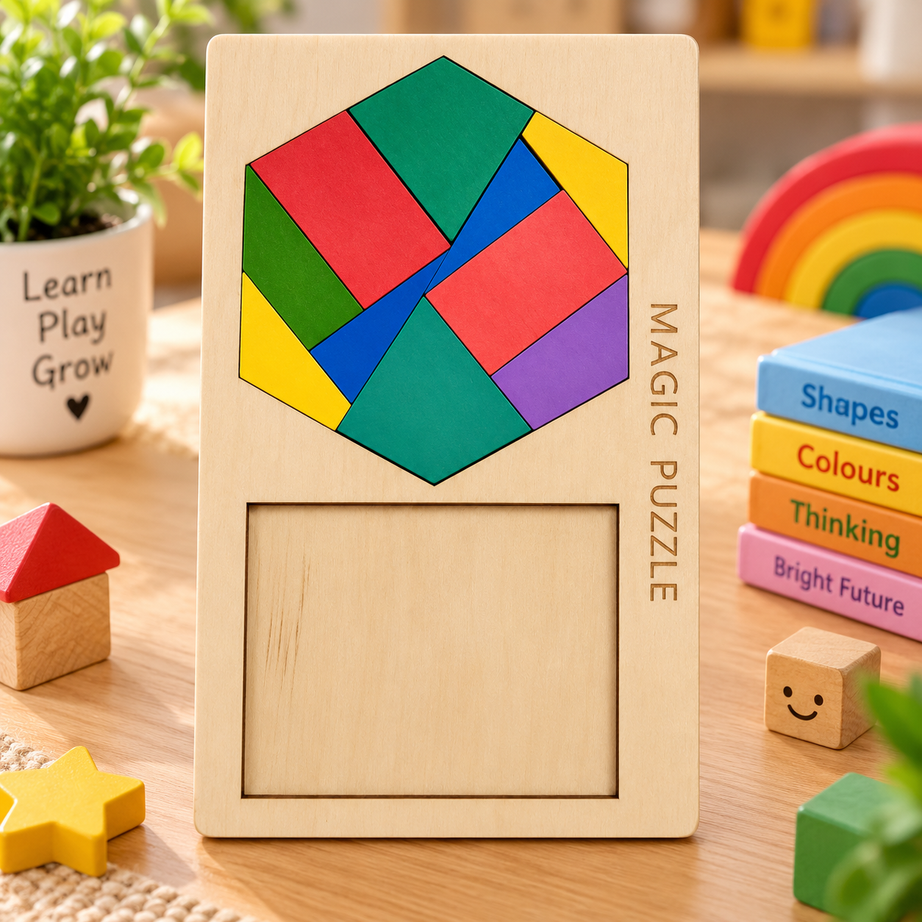 Wooden Magic Geometric Puzzle Board for Kids – Colour & Shape Matching Brain Teaser Educational Toy