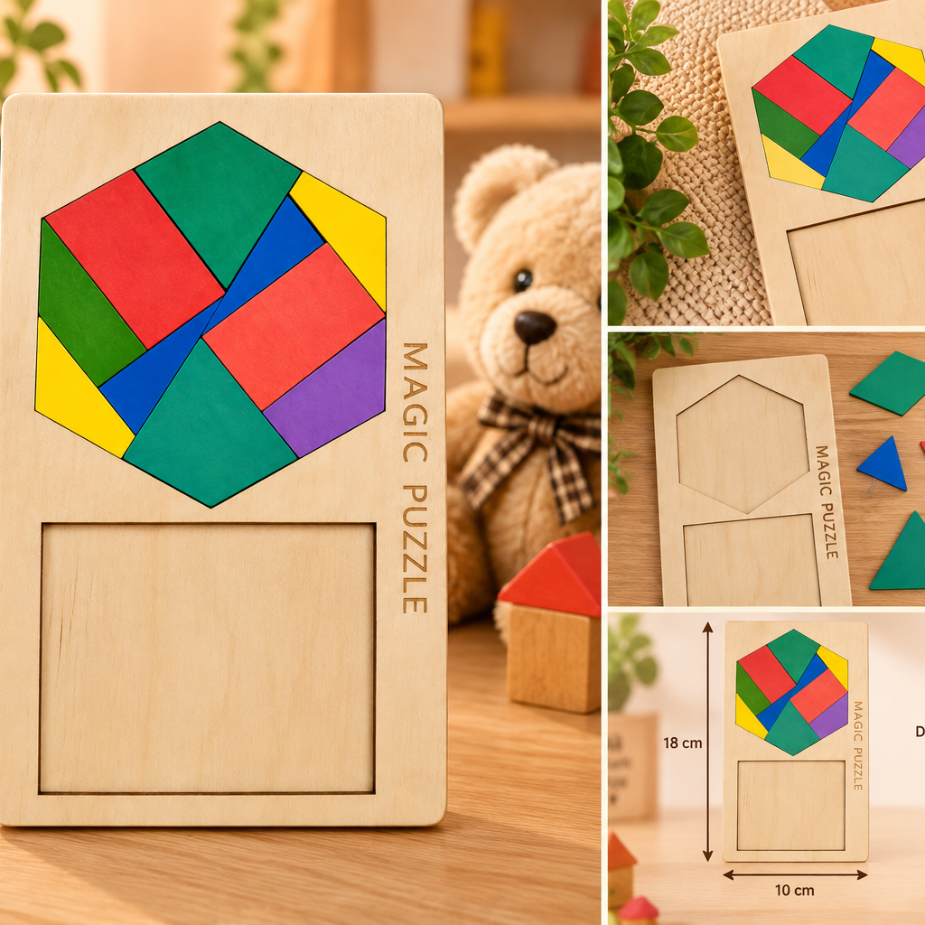 Wooden Magic Geometric Puzzle Board for Kids – Colour & Shape Matching Brain Teaser Educational Toy