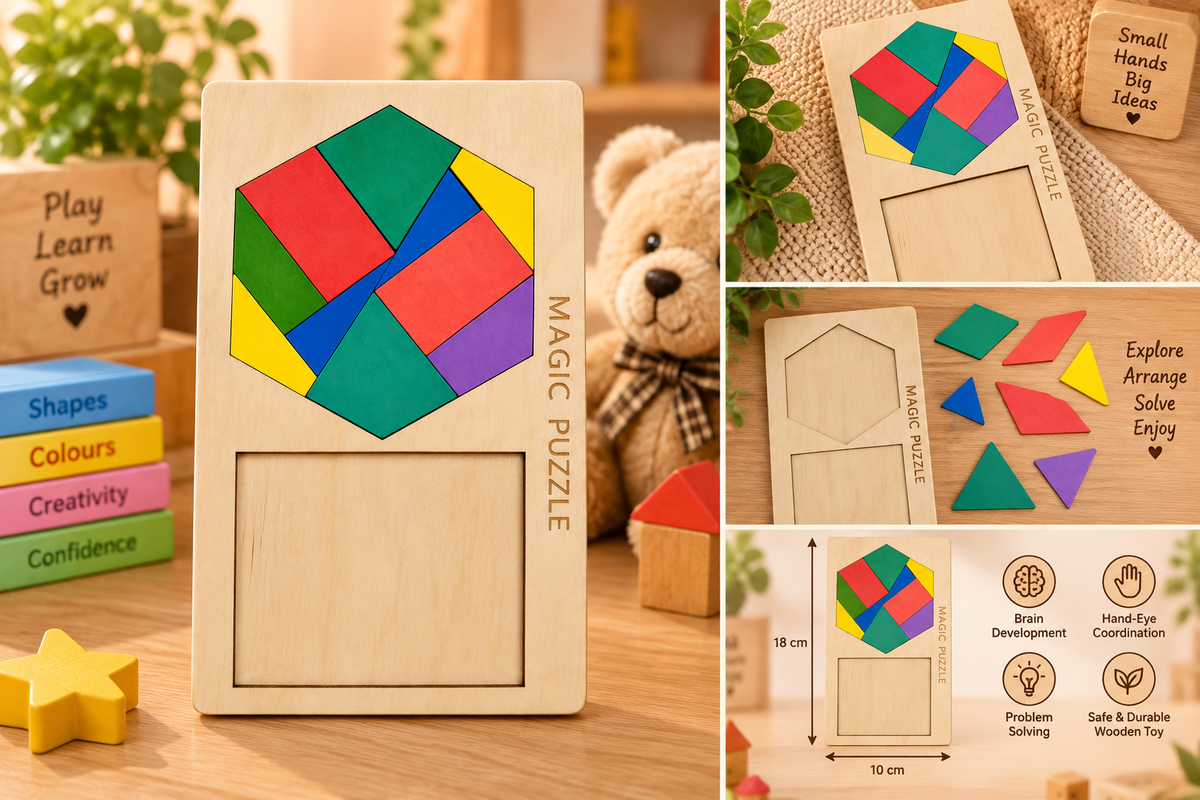 Wooden Magic Geometric Puzzle Board for Kids – Colour & Shape Matching Brain Teaser Educational Toy