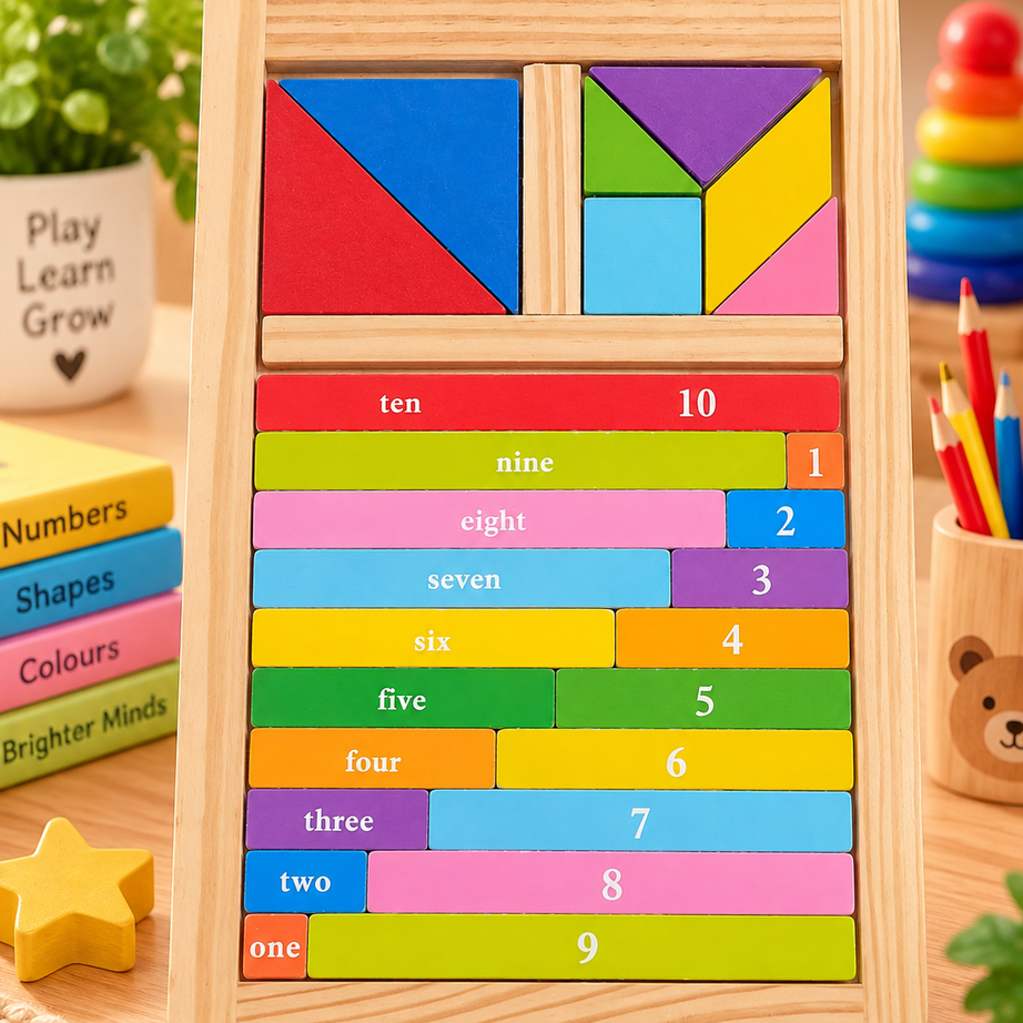 2-in-1 Wooden Number & Geometric Shape Learning Puzzle – Colourful Educational Montessori Toy for Kids