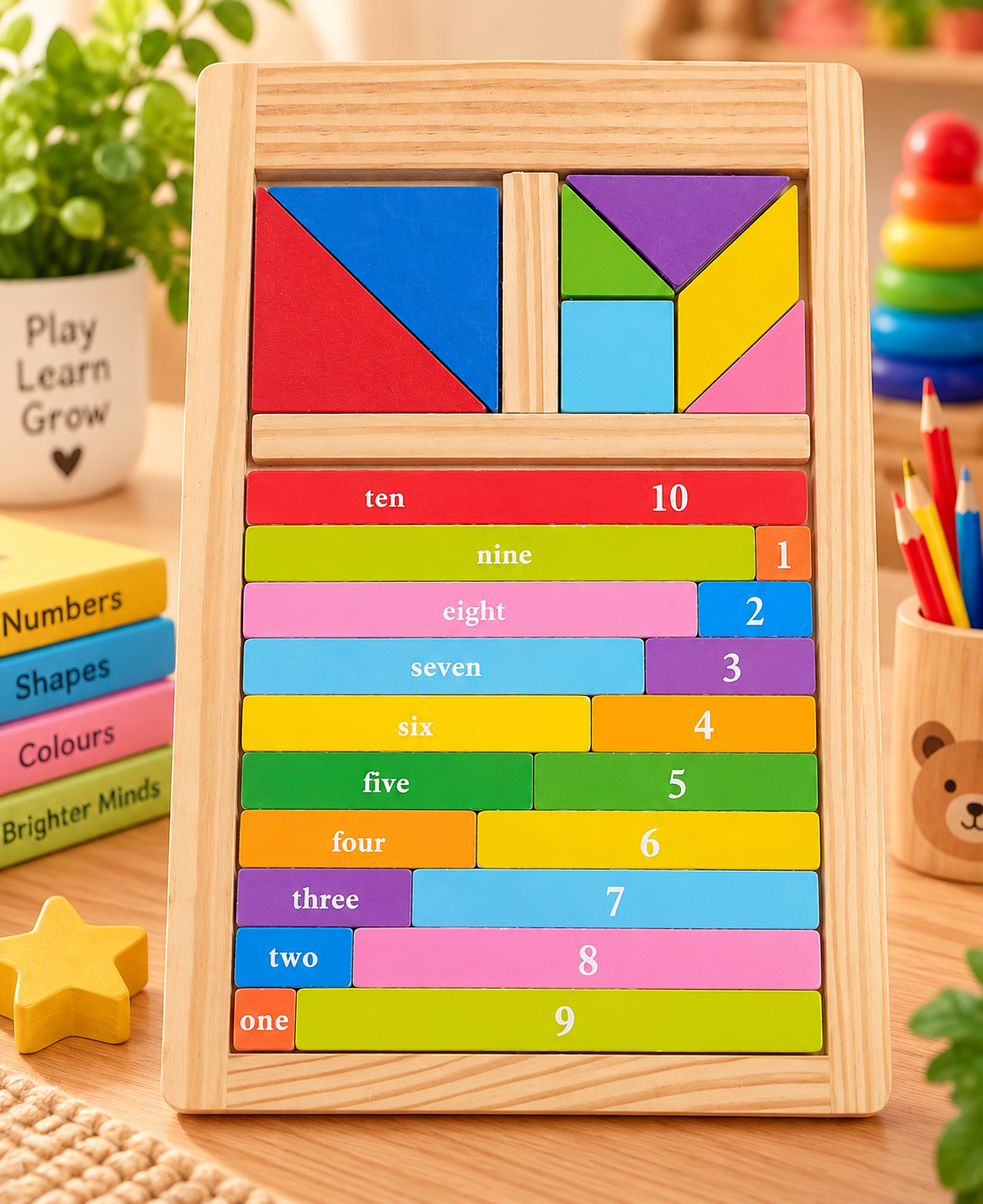 2-in-1 Wooden Number & Geometric Shape Learning Puzzle – Colourful Educational Montessori Toy for Kids