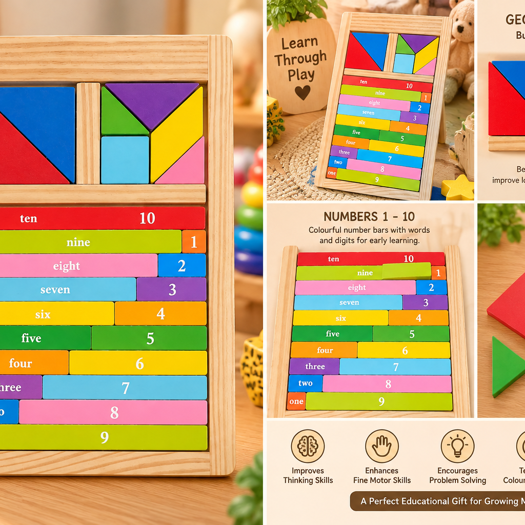 2-in-1 Wooden Number & Geometric Shape Learning Puzzle – Colourful Educational Montessori Toy for Kids