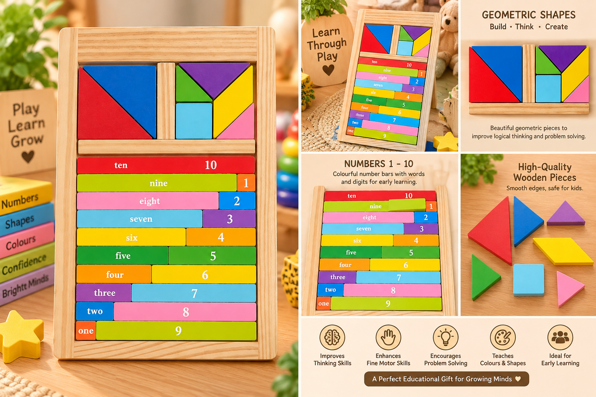 2-in-1 Wooden Number & Geometric Shape Learning Puzzle – Colourful Educational Montessori Toy for Kids