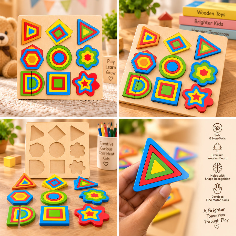 Colorful Wooden Geometric Shape Puzzle & Pattern Building Board for Kids – Early Learning Montessori Educational Toy