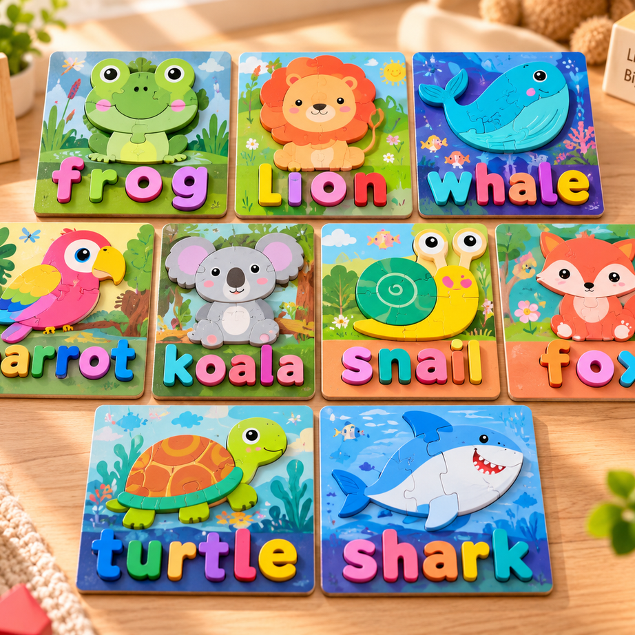 Kids Wooden Animal & Word Learning Puzzle Set – Colorful Educational Matching & Early Learning Toy