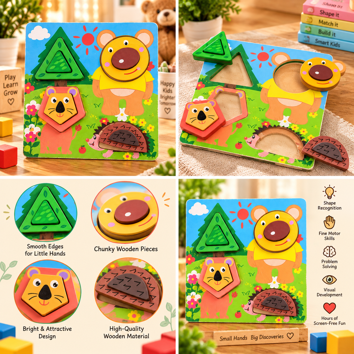 Wooden Animal & Shape Matching Puzzle Board for Kids – Early Learning Educational Toy