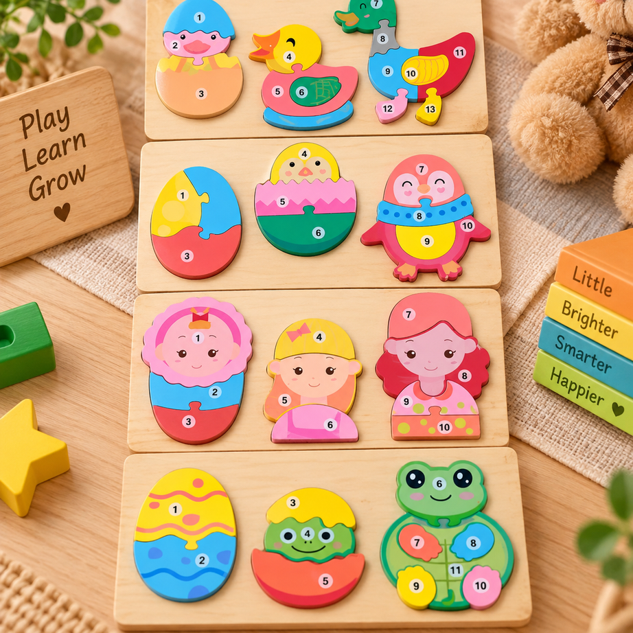Wooden Number Learning Puzzle Board Set for Kids – Colourful Animals, Birds & Character Educational Jigsaw Puzzle