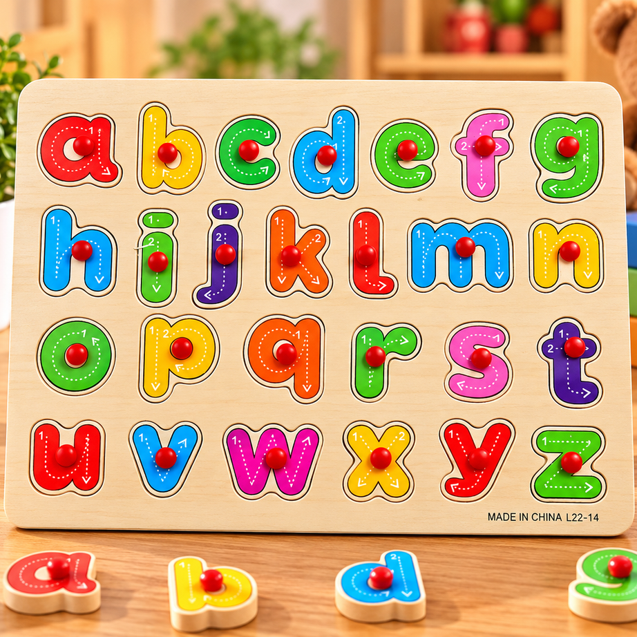 Wooden Lowercase Alphabet A–Z Peg Puzzle with Writing Stroke Guide – Educational ABC Learning & Tracing Board for Kids