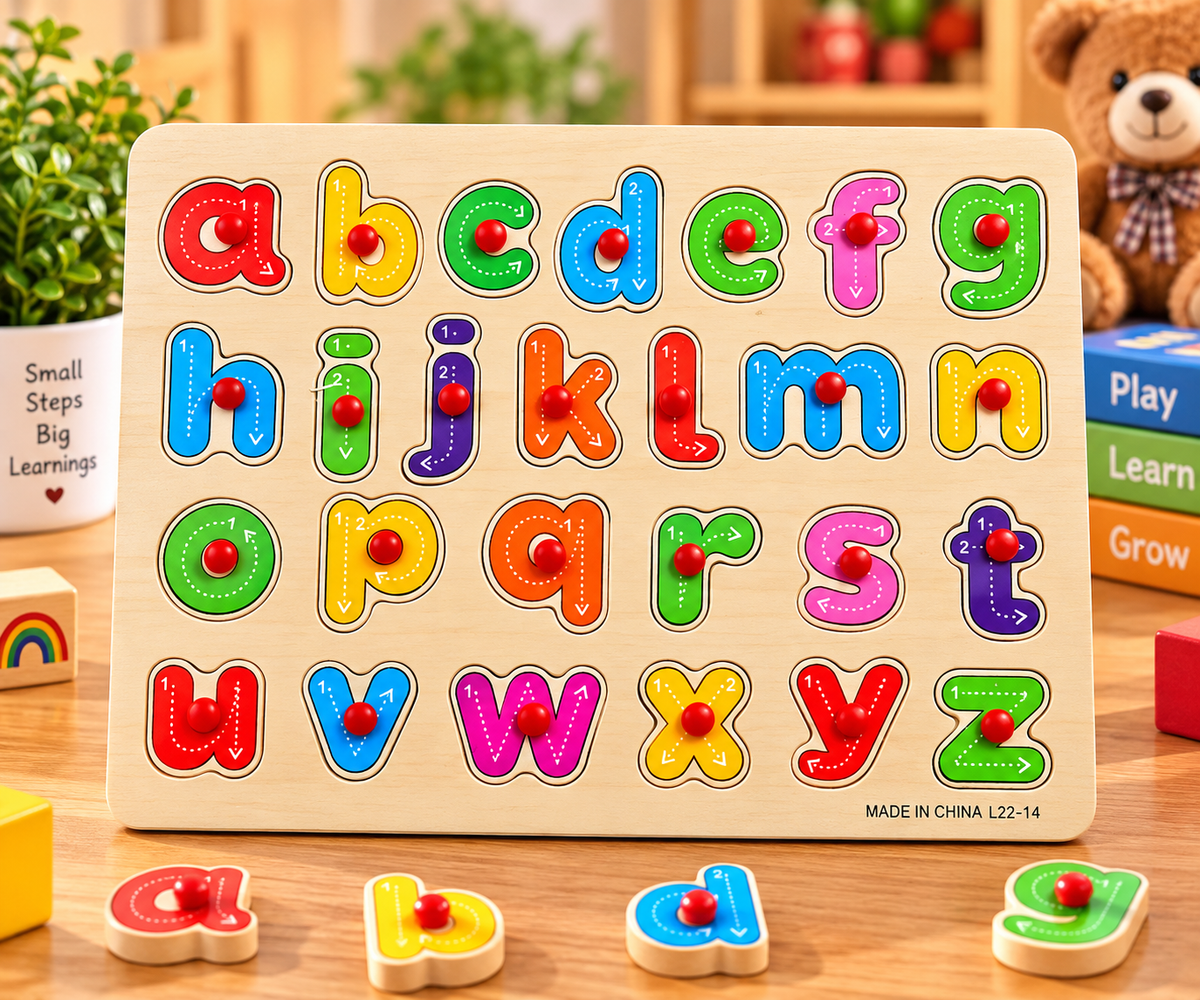 Wooden Lowercase Alphabet A–Z Peg Puzzle with Writing Stroke Guide – Educational ABC Learning & Tracing Board for Kids