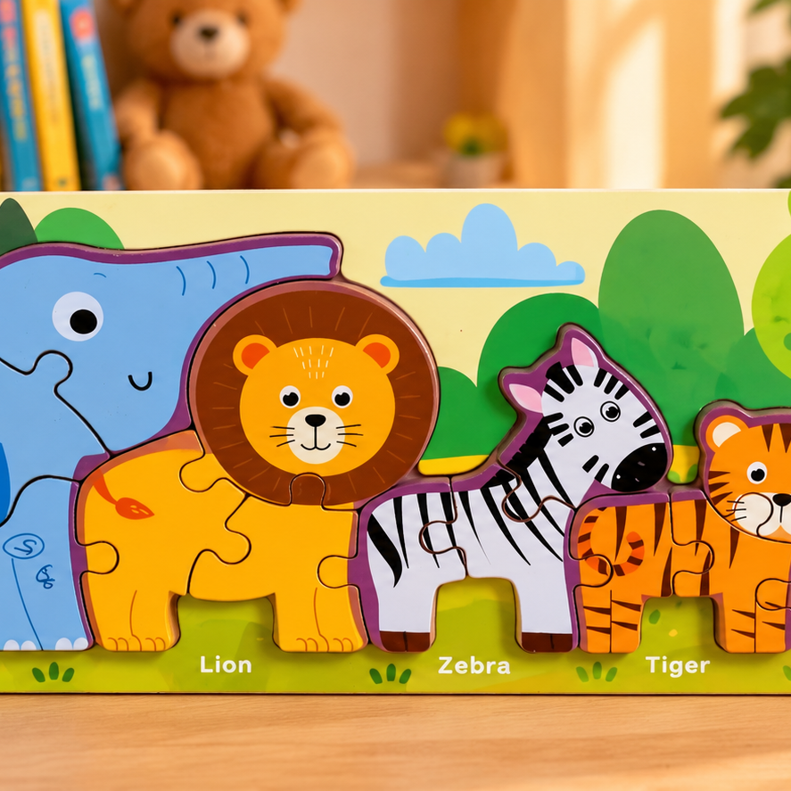 Set of 1 Kids Wooden Educational Puzzle Set – Dinosaurs, Wild Animals & Vehicles | 4 Assorted Designs