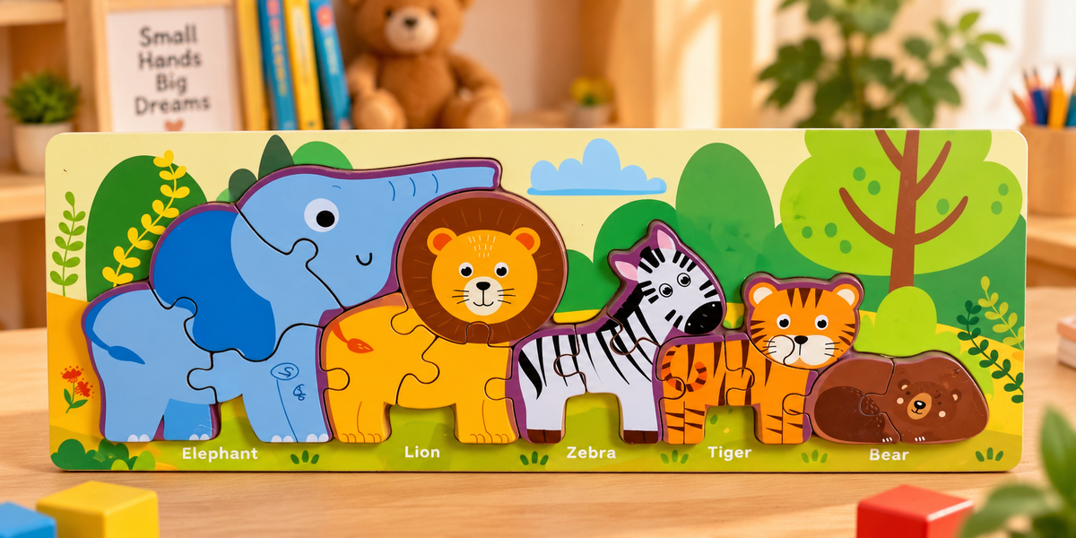 Set of 1 Kids Wooden Educational Puzzle Set – Dinosaurs, Wild Animals & Vehicles | 4 Assorted Designs