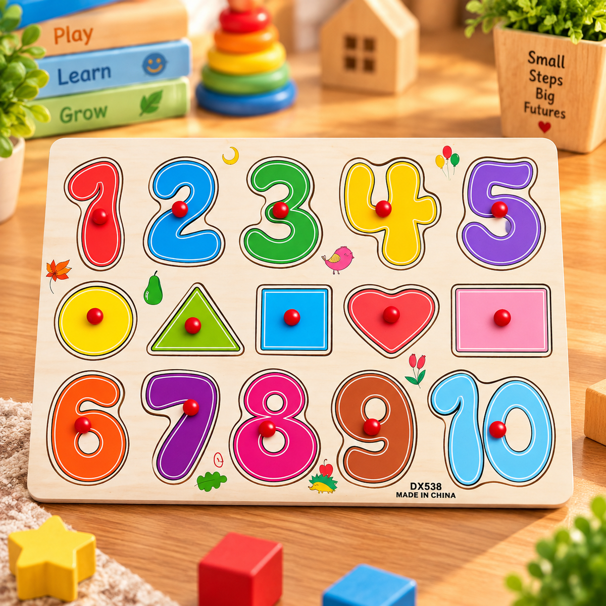 Wooden Numbers 1–10 & Shapes Peg Puzzle for Kids – Early Learning Educational Montessori Toy