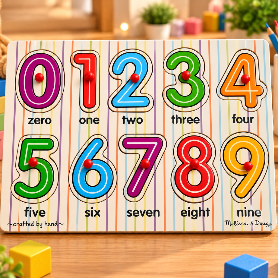 Wooden Numbers 0–9 Peg Puzzle for Kids – Colorful Number Recognition & Early Learning Educational Toy