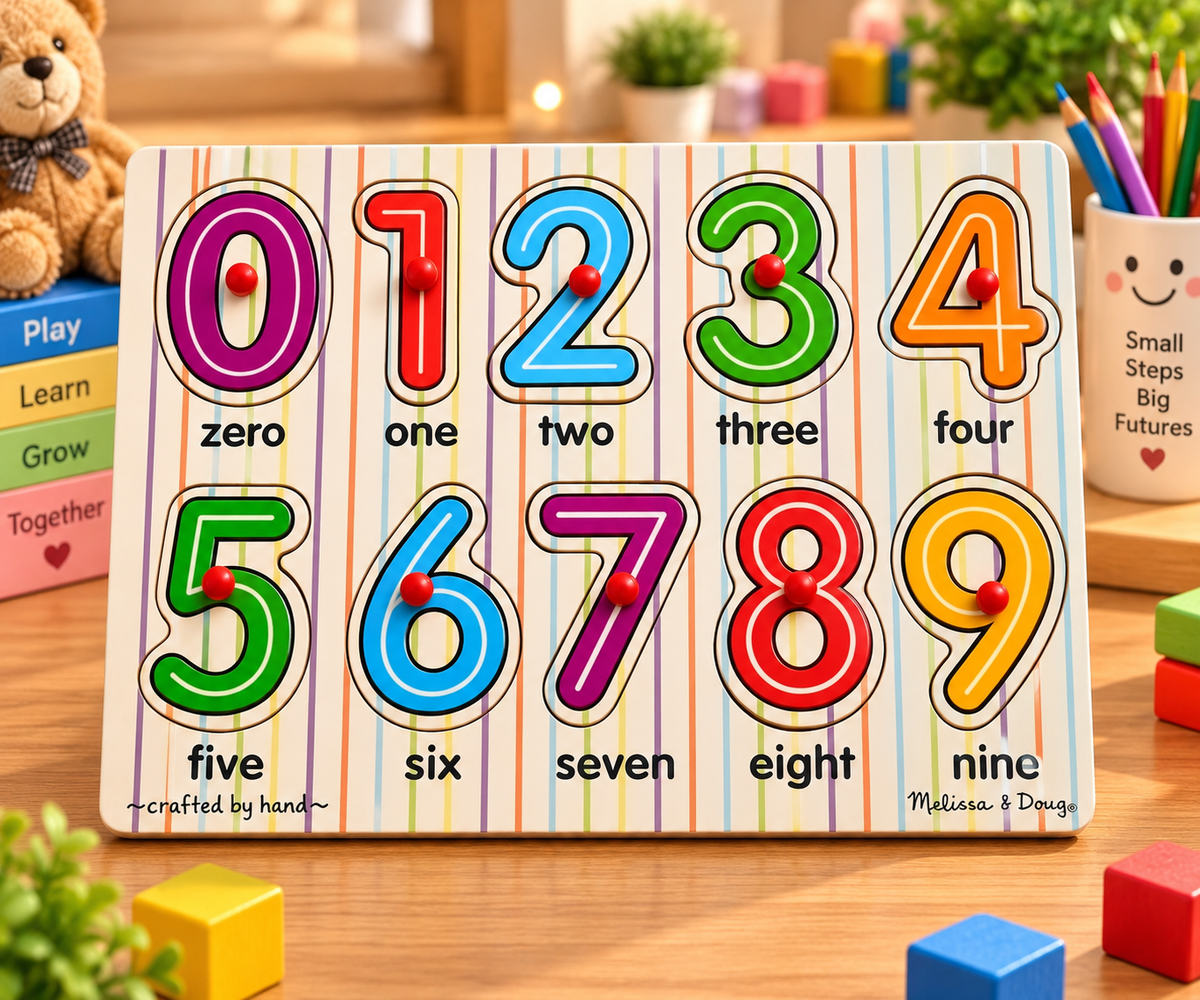 Wooden Numbers 0–9 Peg Puzzle for Kids – Colorful Number Recognition & Early Learning Educational Toy