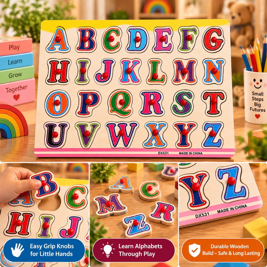 Wooden A–Z Alphabet Peg Puzzle for Kids – Colourful ABC Letter Learning & Fine Motor Educational Toy