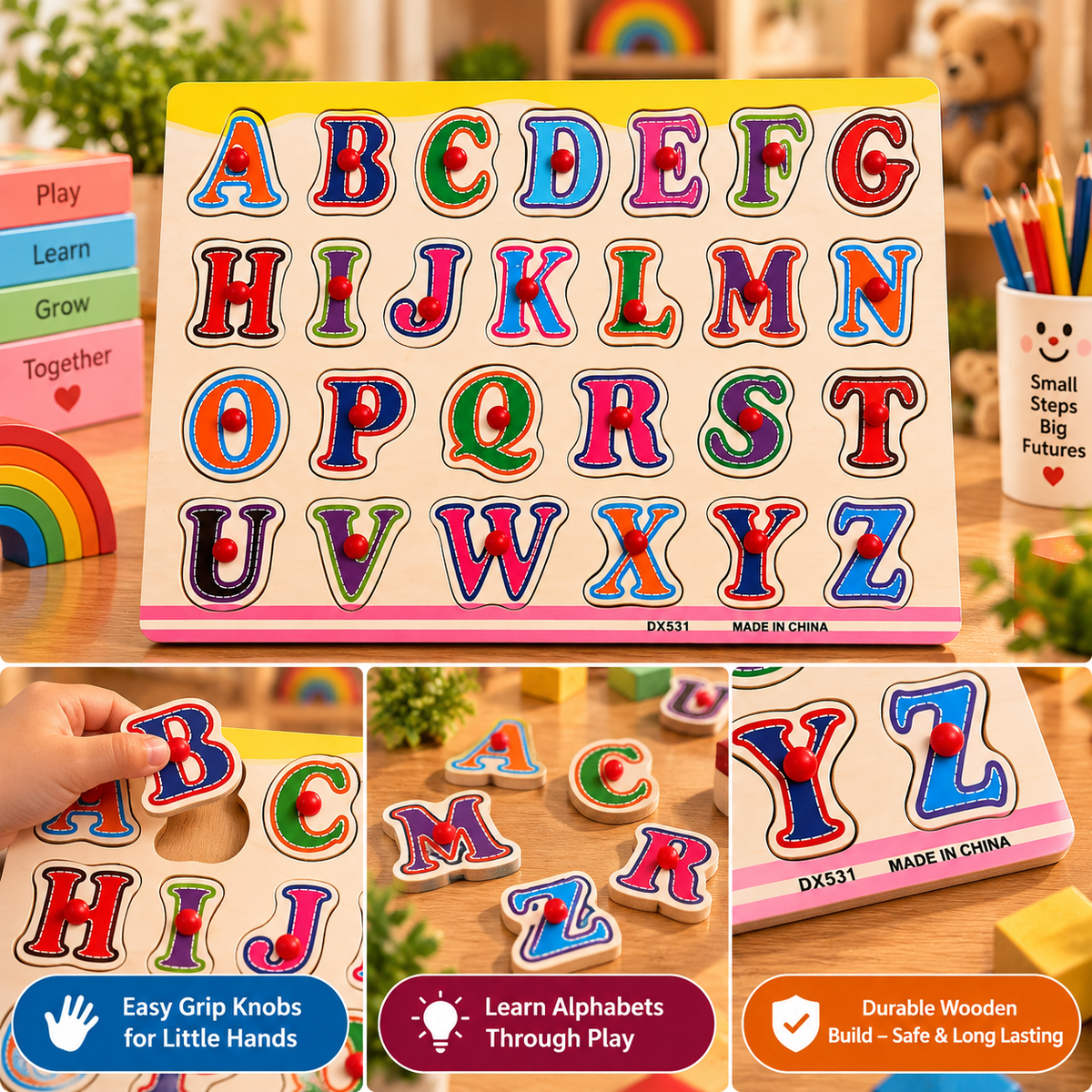 Wooden A–Z Alphabet Peg Puzzle for Kids – Colourful ABC Letter Learning & Fine Motor Educational Toy