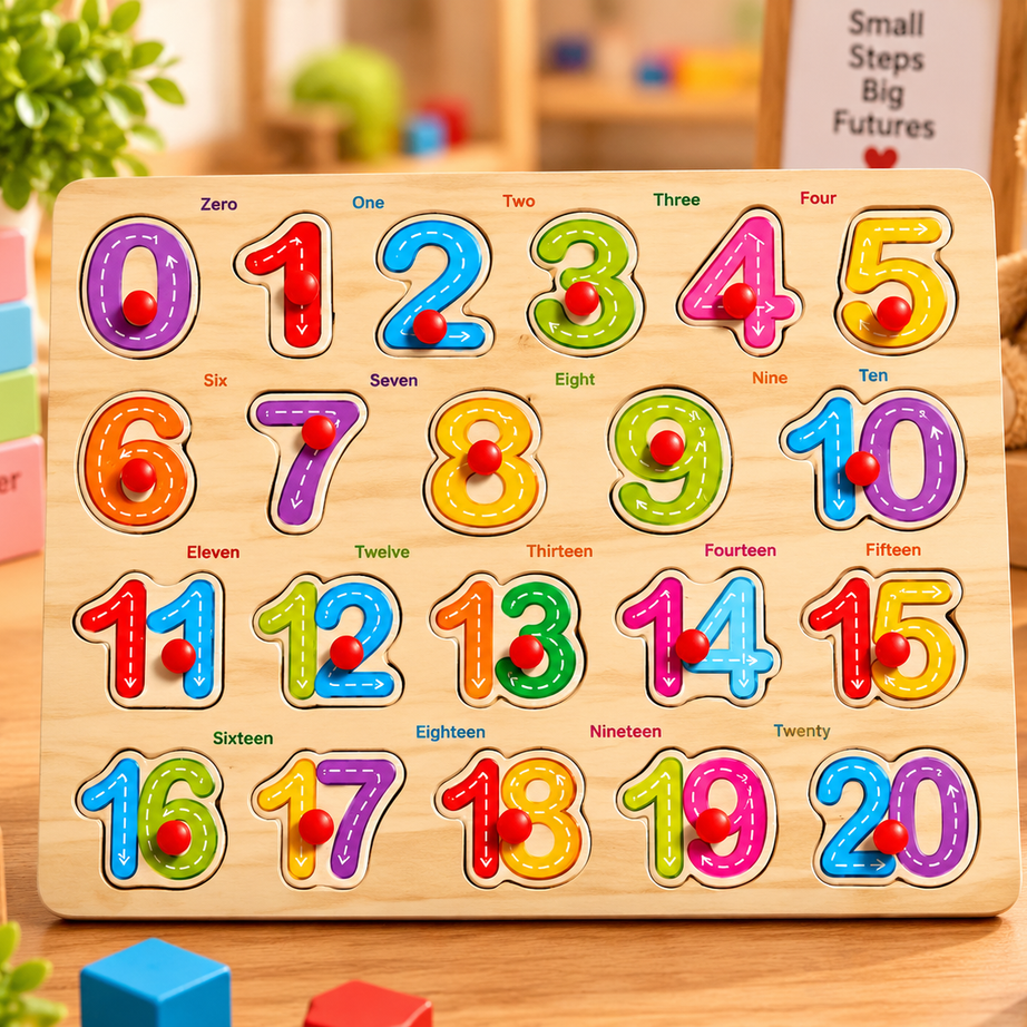 Wooden Numbers 0–20 Peg Puzzle for Kids – Colorful Counting & Number Recognition Educational Learning Board