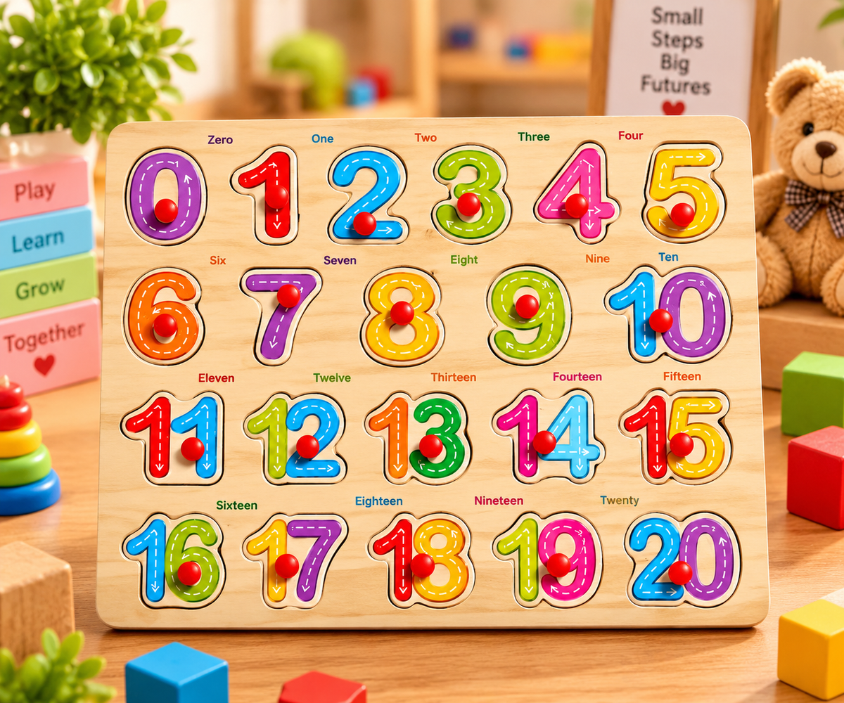 Wooden Numbers 0–20 Peg Puzzle for Kids – Colorful Counting & Number Recognition Educational Learning Board