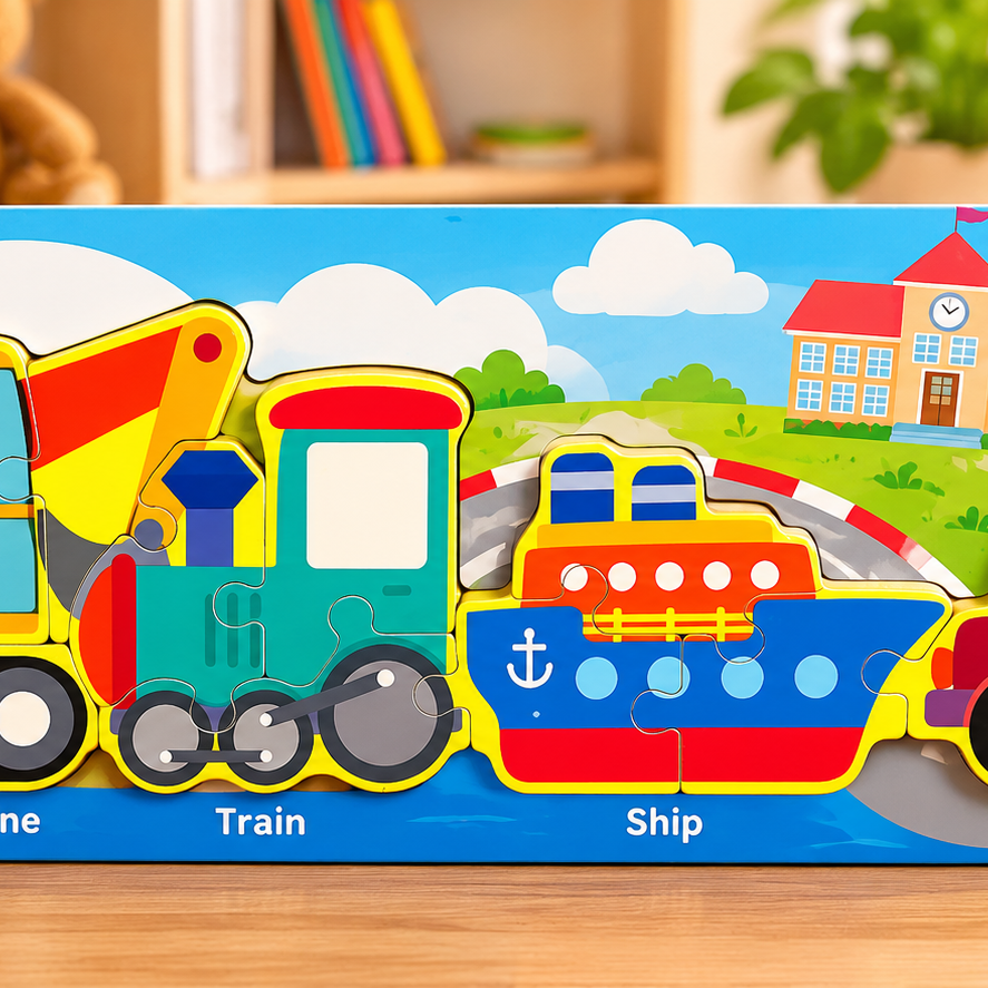 Set of 1 Kids Wooden Educational Puzzle Set – Dinosaurs, Wild Animals & Vehicles | 4 Assorted Designs