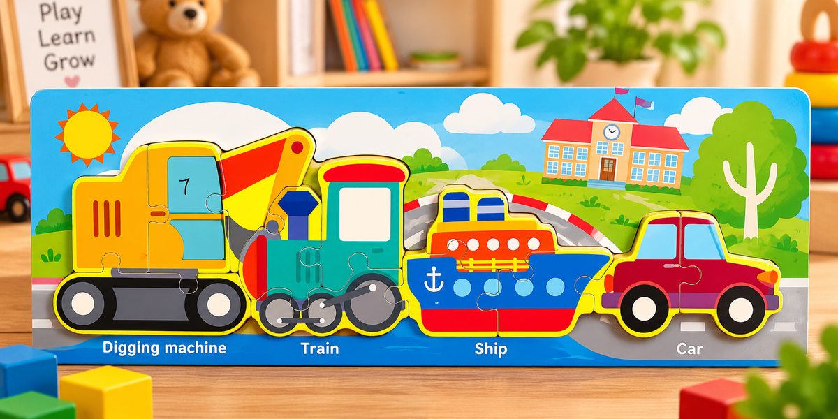 Set of 1 Kids Wooden Educational Puzzle Set – Dinosaurs, Wild Animals & Vehicles | 4 Assorted Designs