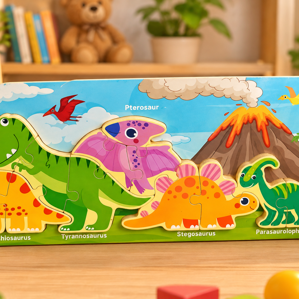 Set of 1 Kids Wooden Educational Puzzle Set – Dinosaurs, Wild Animals & Vehicles | 4 Assorted Designs