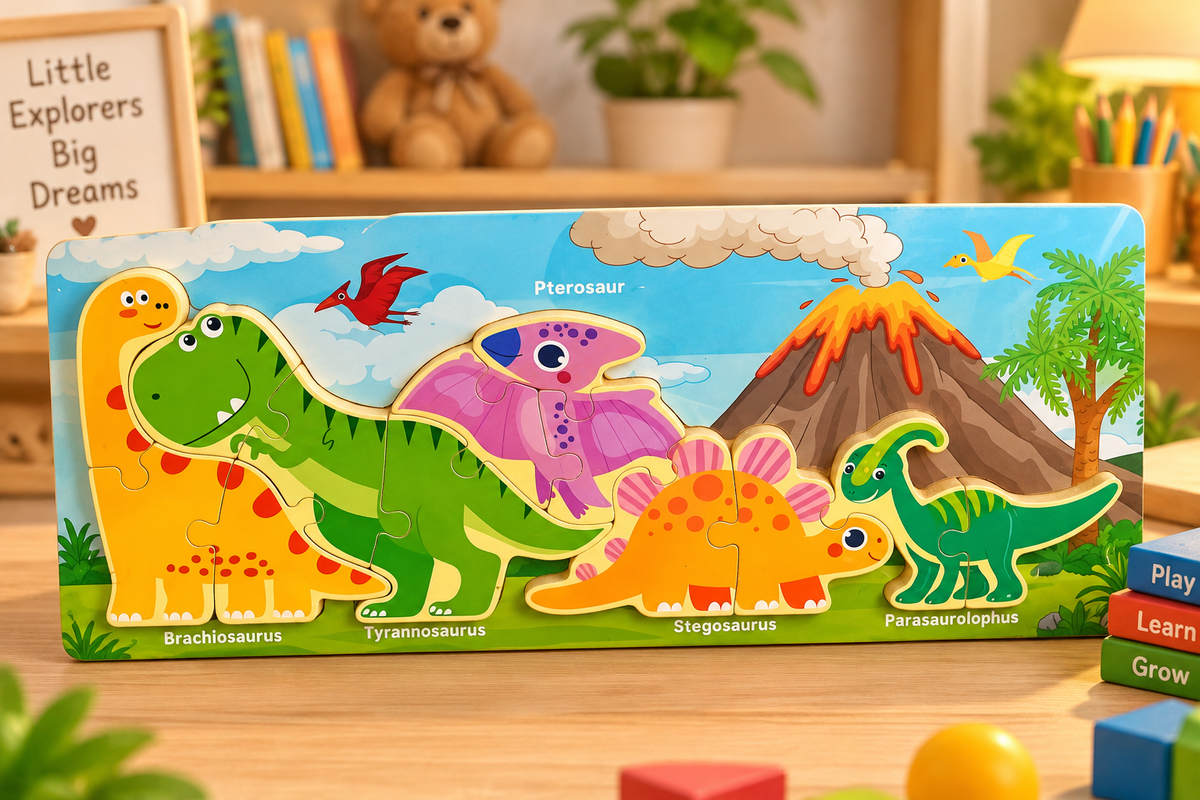 Set of 1 Kids Wooden Educational Puzzle Set – Dinosaurs, Wild Animals & Vehicles | 4 Assorted Designs