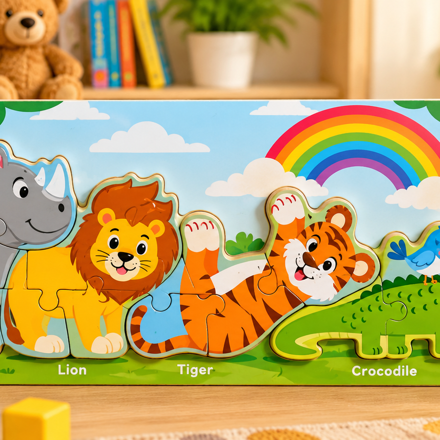 Set of 1 Kids Wooden Educational Puzzle Set – Dinosaurs, Wild Animals & Vehicles | 4 Assorted Designs