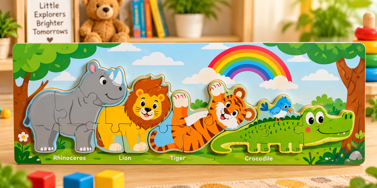Set of 1 Kids Wooden Educational Puzzle Set – Dinosaurs, Wild Animals & Vehicles | 4 Assorted Designs