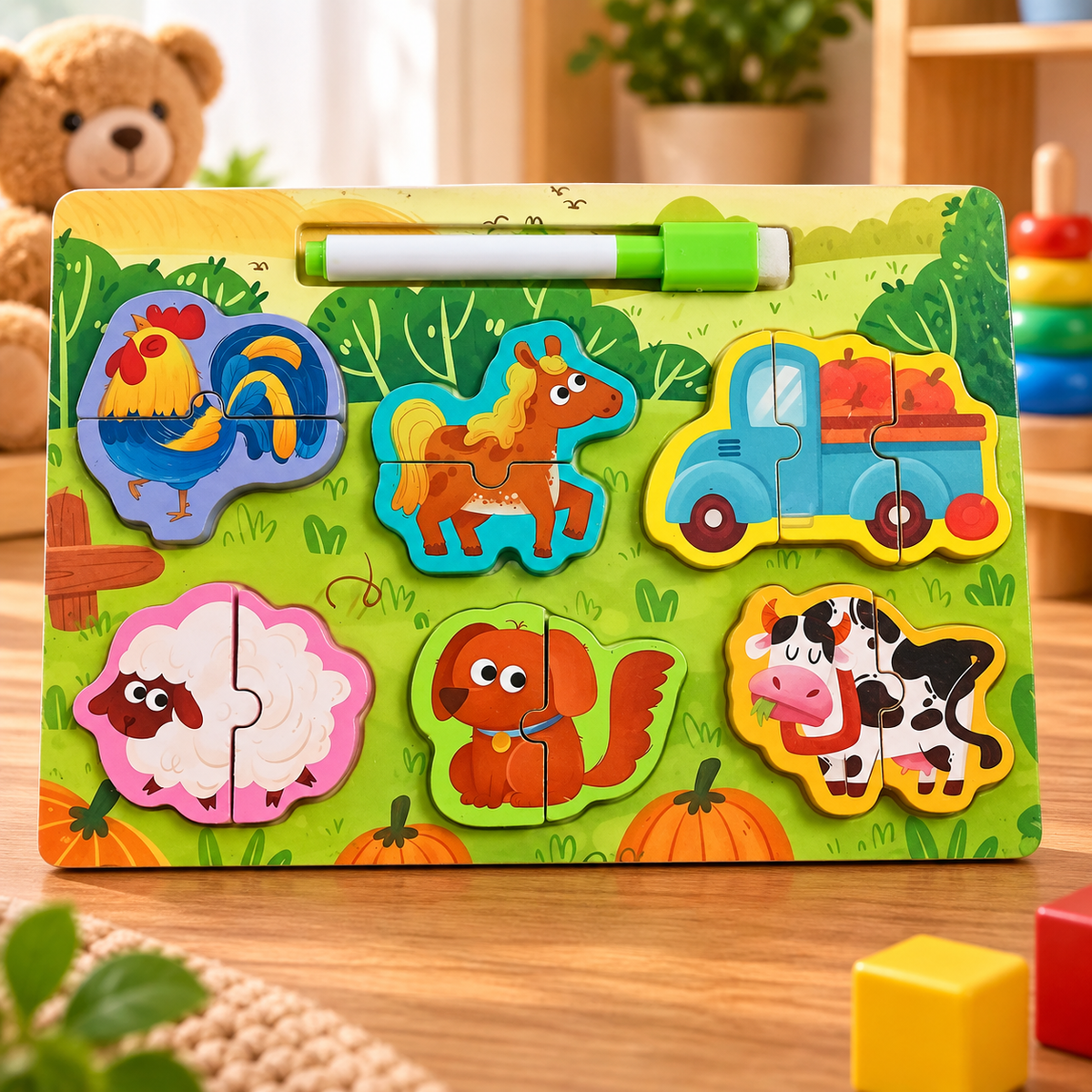 Wooden Farm Animals 2-Piece Matching Puzzle Board with Marker – Educational Learning Toy for Kids