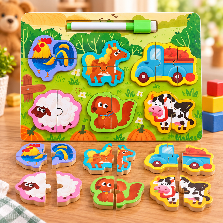 Wooden Farm Animals 2-Piece Matching Puzzle Board with Marker – Educational Learning Toy for Kids