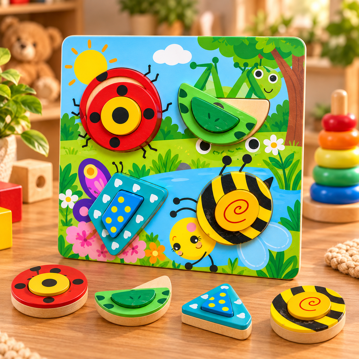 Wooden Animal & Shape Matching Puzzle Board for Kids – Early Learning Educational Toy