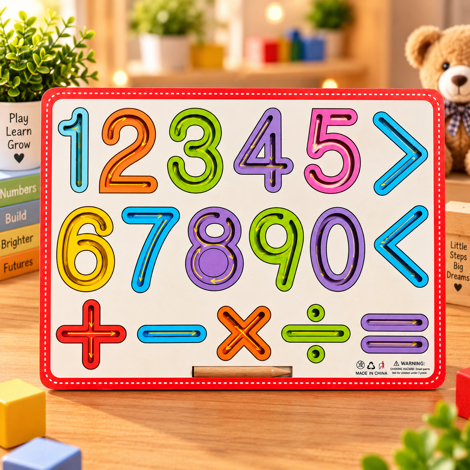 Wooden Numbers & Math Symbols Tracing Board for Kids – Early Learning Counting & Pre-Writing Educational Toy