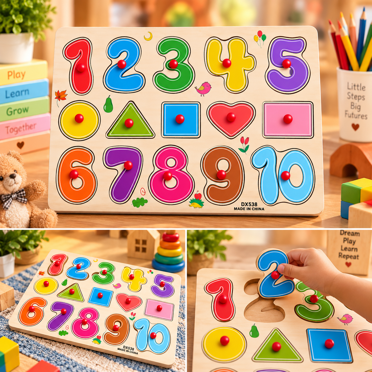Wooden Numbers 1–10 & Shapes Peg Puzzle for Kids – Early Learning Educational Montessori Toy