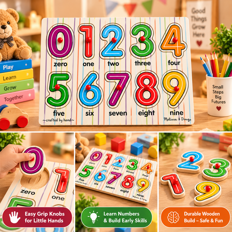 Wooden Numbers 0–9 Peg Puzzle for Kids – Colorful Number Recognition & Early Learning Educational Toy