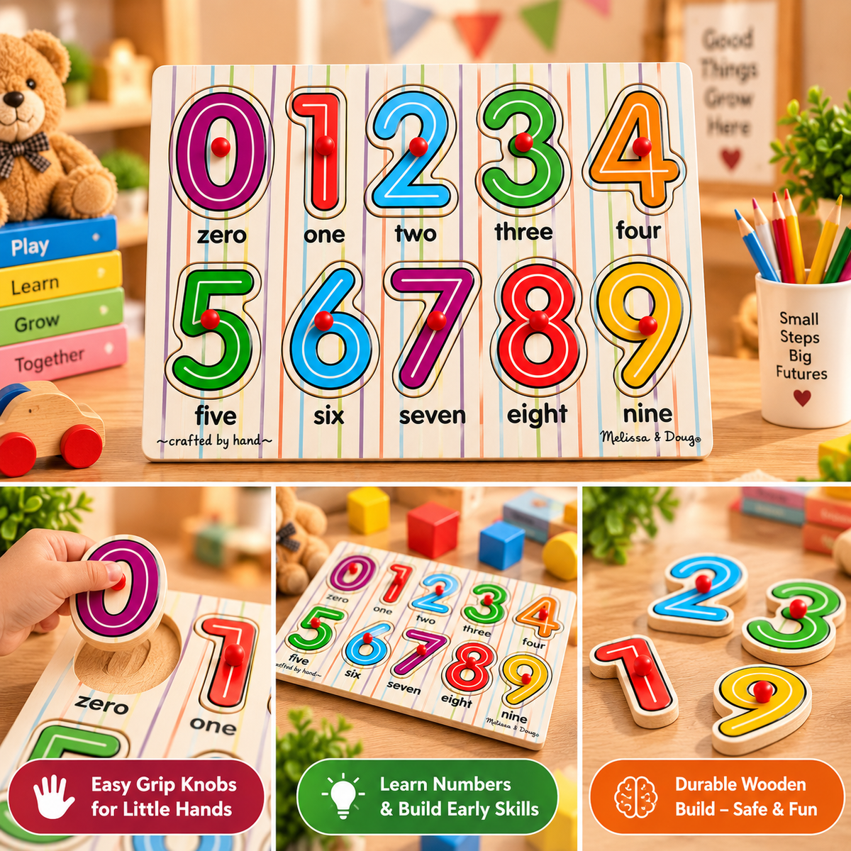 Wooden Numbers 0–9 Peg Puzzle for Kids – Colorful Number Recognition & Early Learning Educational Toy