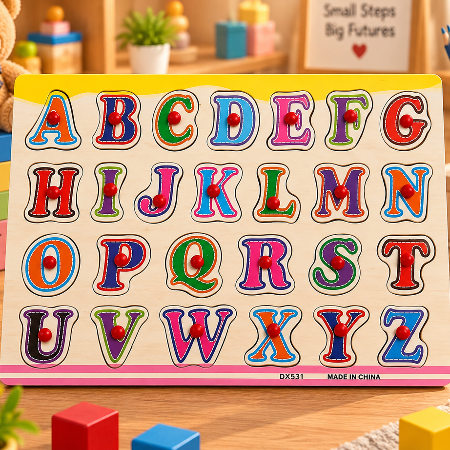 Wooden A–Z Alphabet Peg Puzzle for Kids – Colourful ABC Letter Learning & Fine Motor Educational Toy