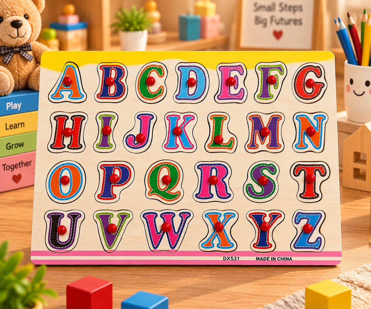 Wooden A–Z Alphabet Peg Puzzle for Kids – Colourful ABC Letter Learning & Fine Motor Educational Toy