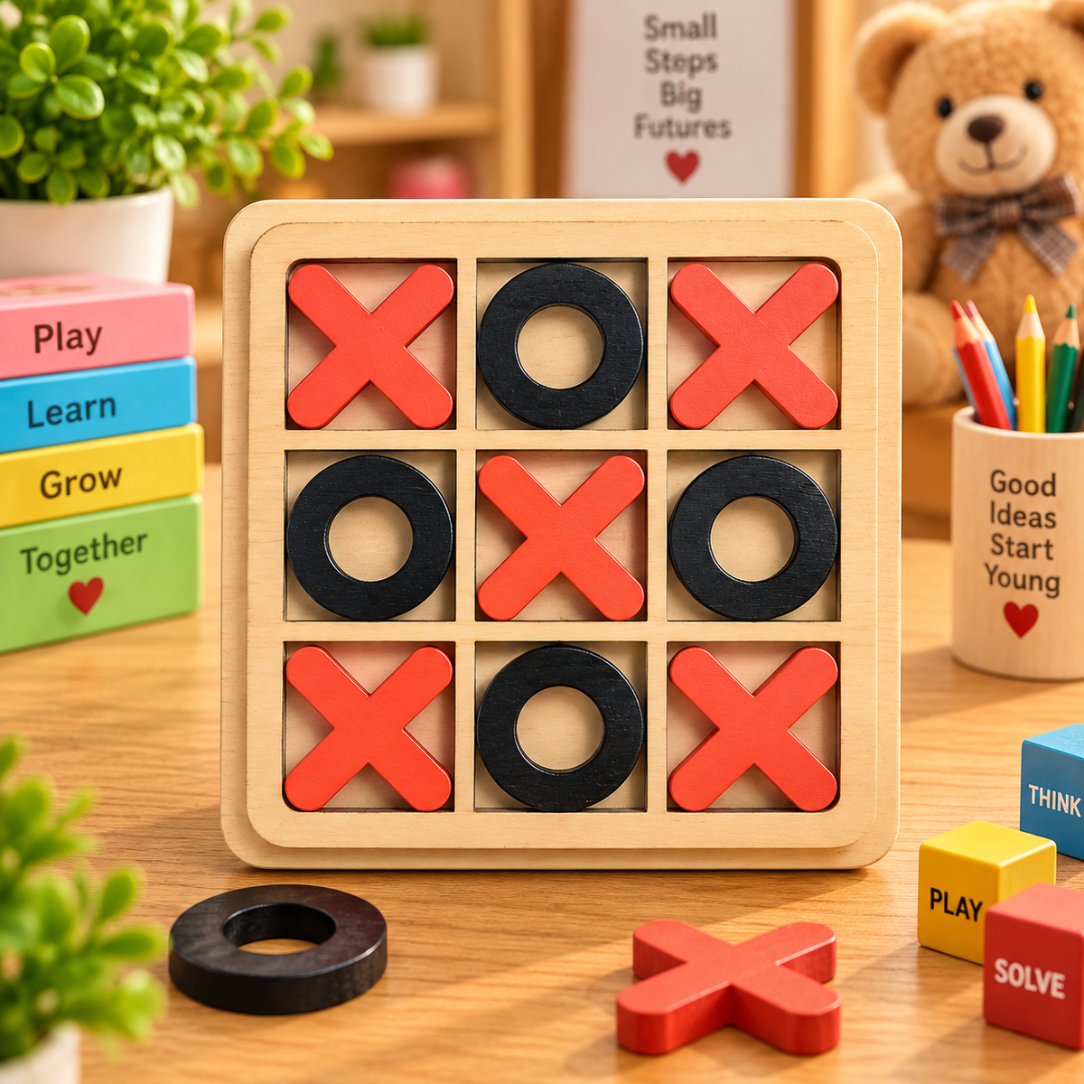 Wooden Tic Tac Toe X & O Strategy Game for Kids – Educational Brain Teaser & Family Board Game
