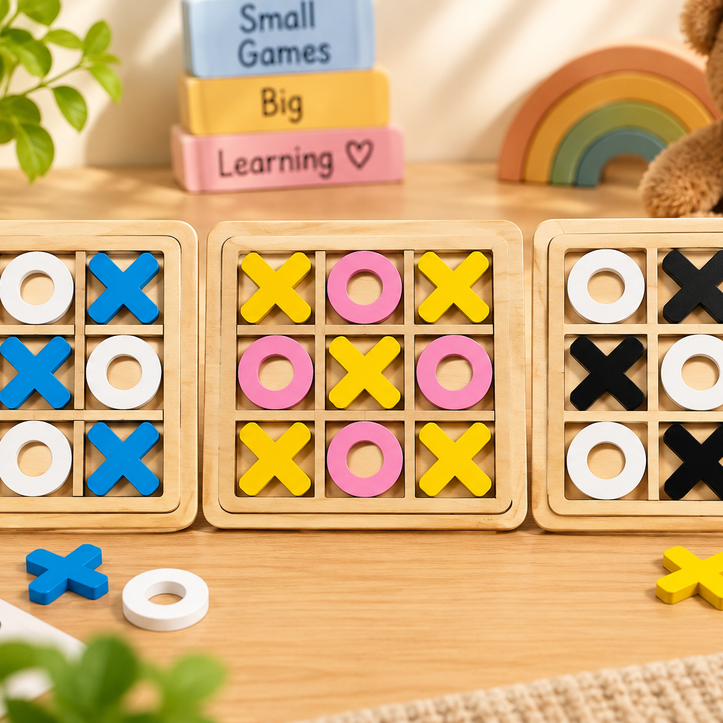 Wooden Tic Tac Toe X & O Strategy Game for Kids – Educational Brain Teaser & Family Board Game