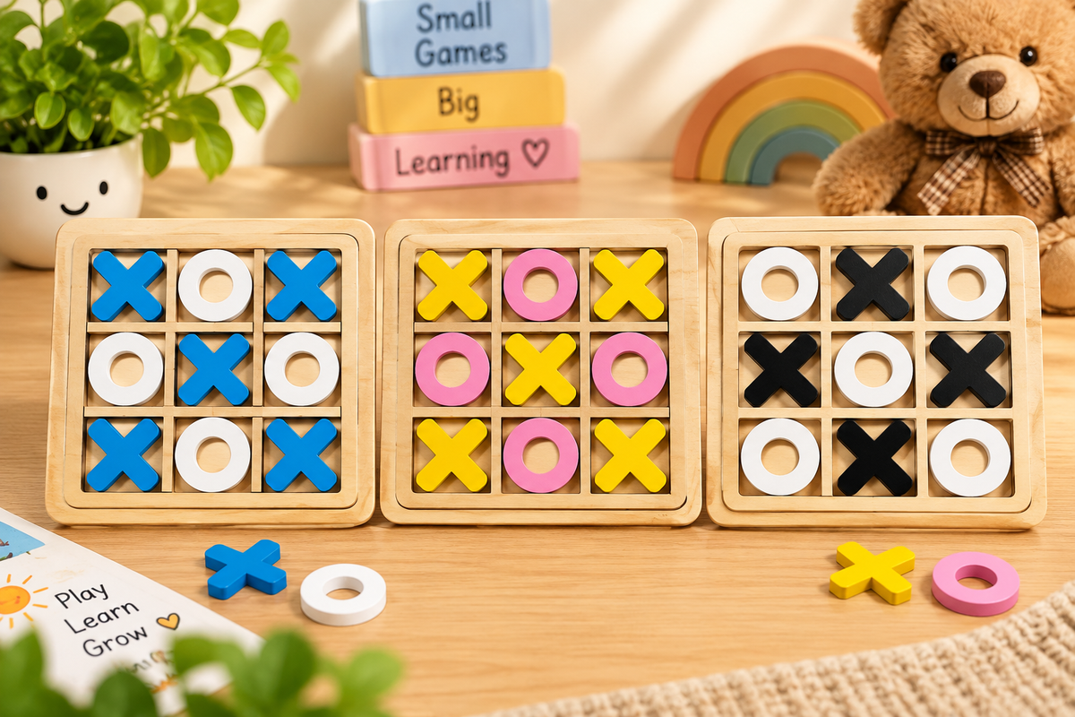 Wooden Tic Tac Toe X & O Strategy Game for Kids – Educational Brain Teaser & Family Board Game