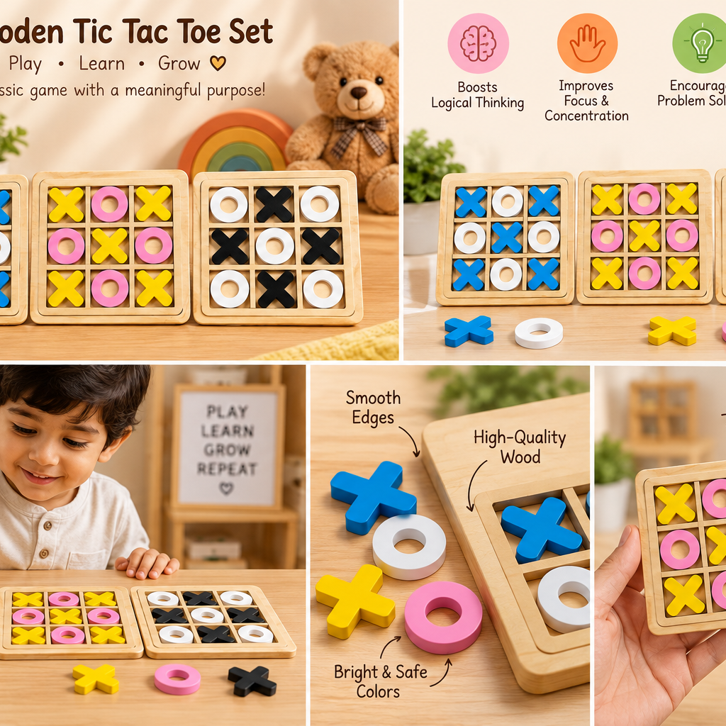 Wooden Tic Tac Toe X & O Strategy Game for Kids – Educational Brain Teaser & Family Board Game