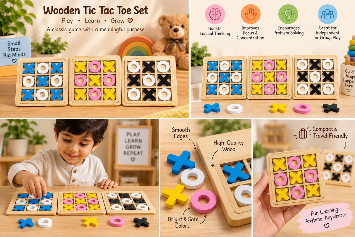 Wooden Tic Tac Toe X & O Strategy Game for Kids – Educational Brain Teaser & Family Board Game