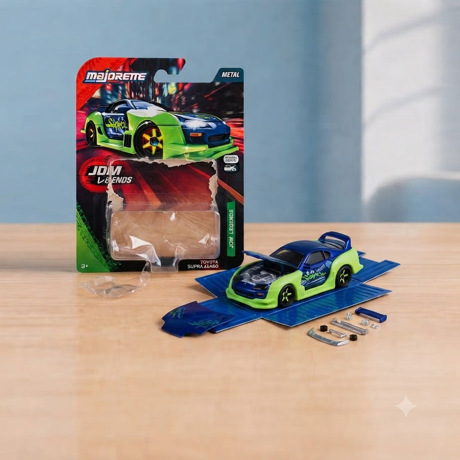 Majorette JDM Legends Toyota Supra Die-Cast Toy Car with Opening Hood & Tuning Parts (Blue & Neon Green)